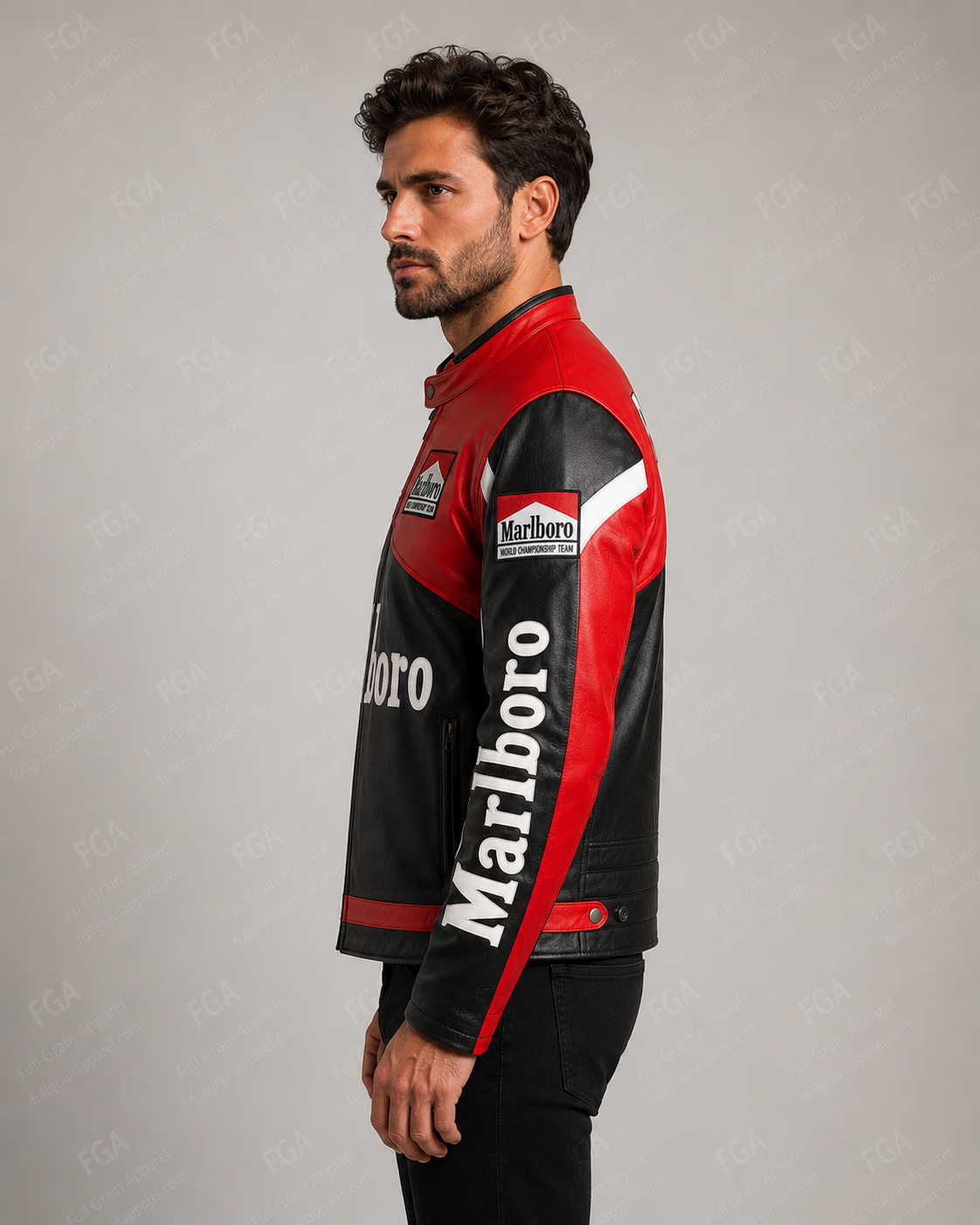 Men's Marlboro Black Red Racing Leather Jacket By Full Grain Apparel