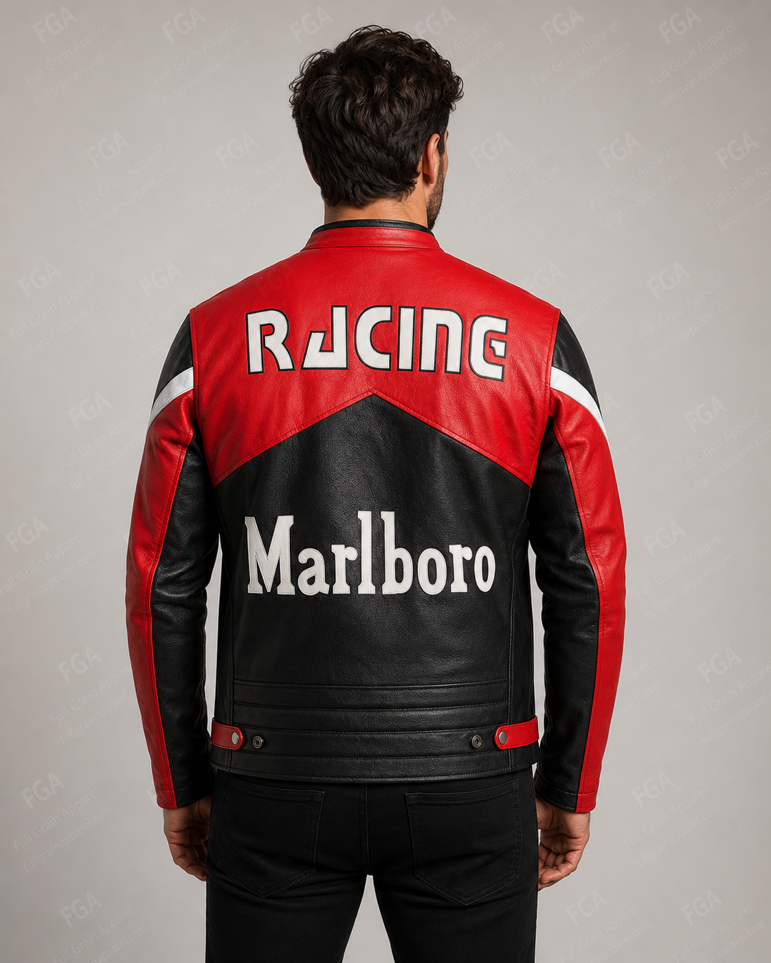 Men's Marlboro Black Red Racing Leather Jacket By Full Grain Apparel