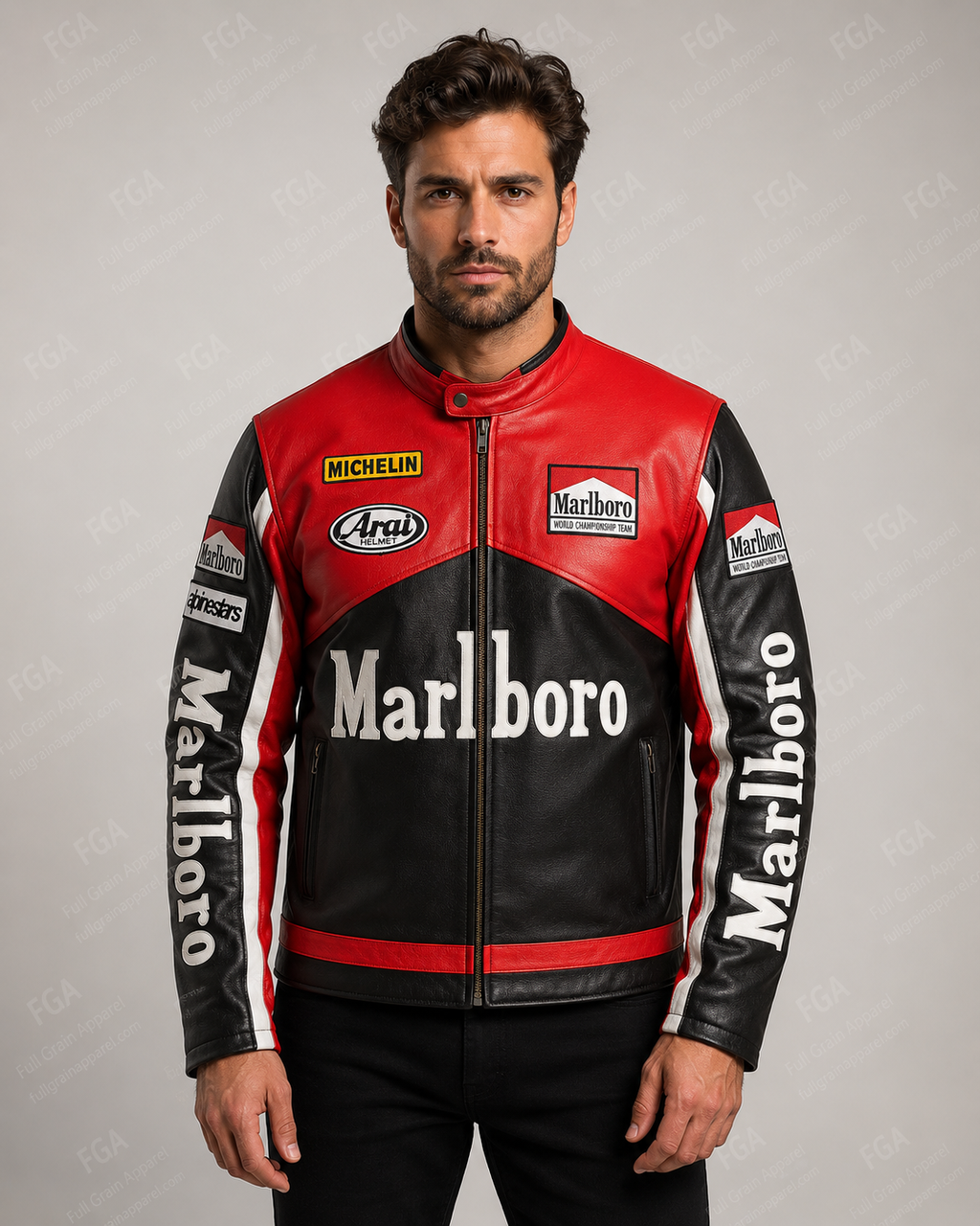 Men's Marlboro Black Red Racing Leather Jacket By Full Grain Apparel