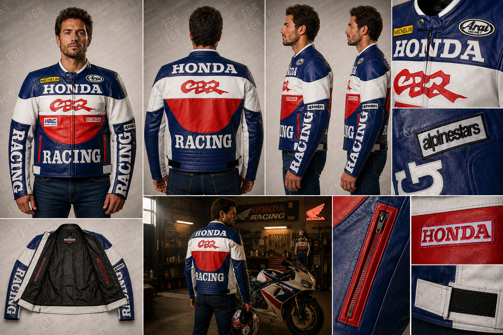 Men's Honda CBR Blue White Racing Leather Jacket By Full Grain Apparel