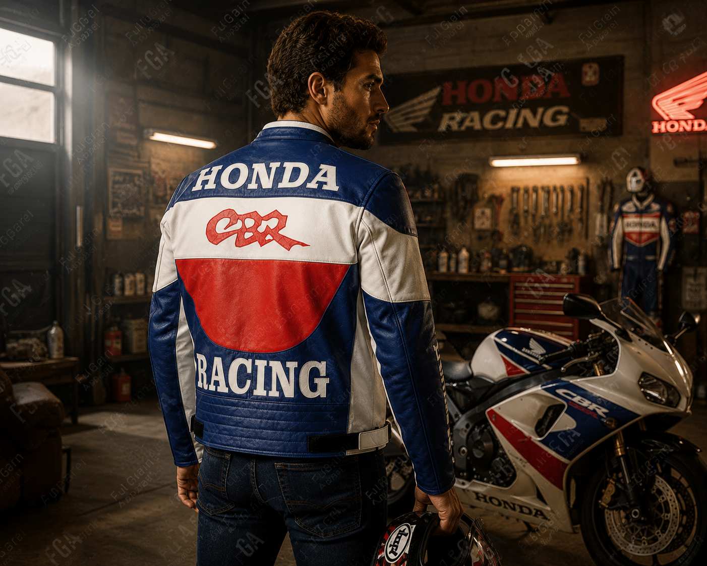 Men's Honda CBR Blue White Racing Leather Jacket By Full Grain Apparel