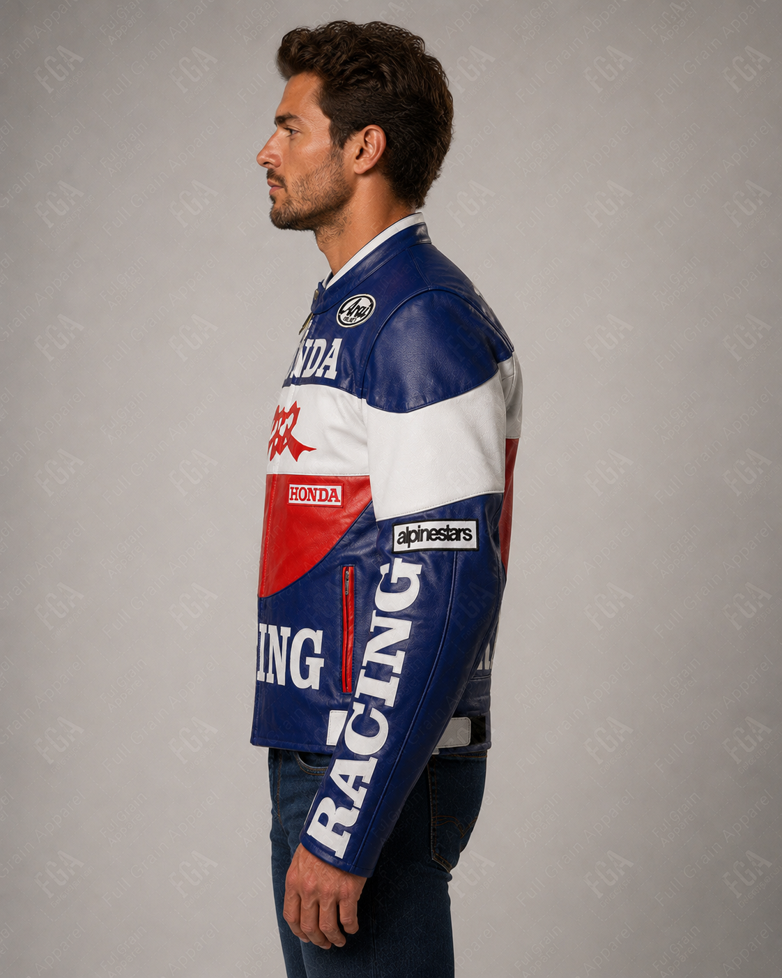 Men's Honda CBR Blue White Racing Leather Jacket By Full Grain Apparel
