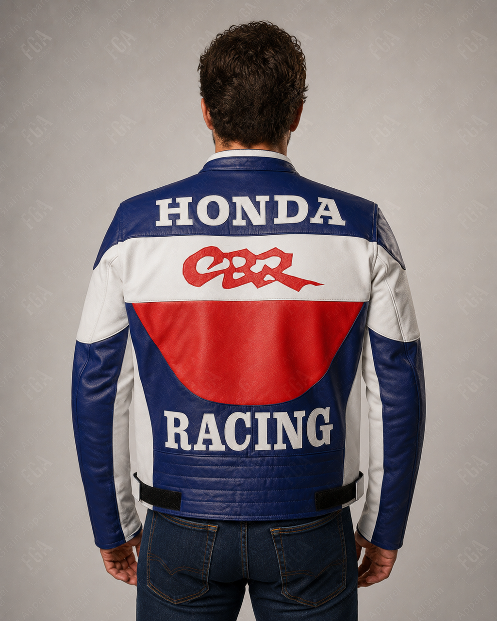 Men's Honda CBR Blue White Racing Leather Jacket By Full Grain Apparel