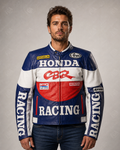 Men's Honda CBR Blue White Racing Leather Jacket By Full Grain Apparel
