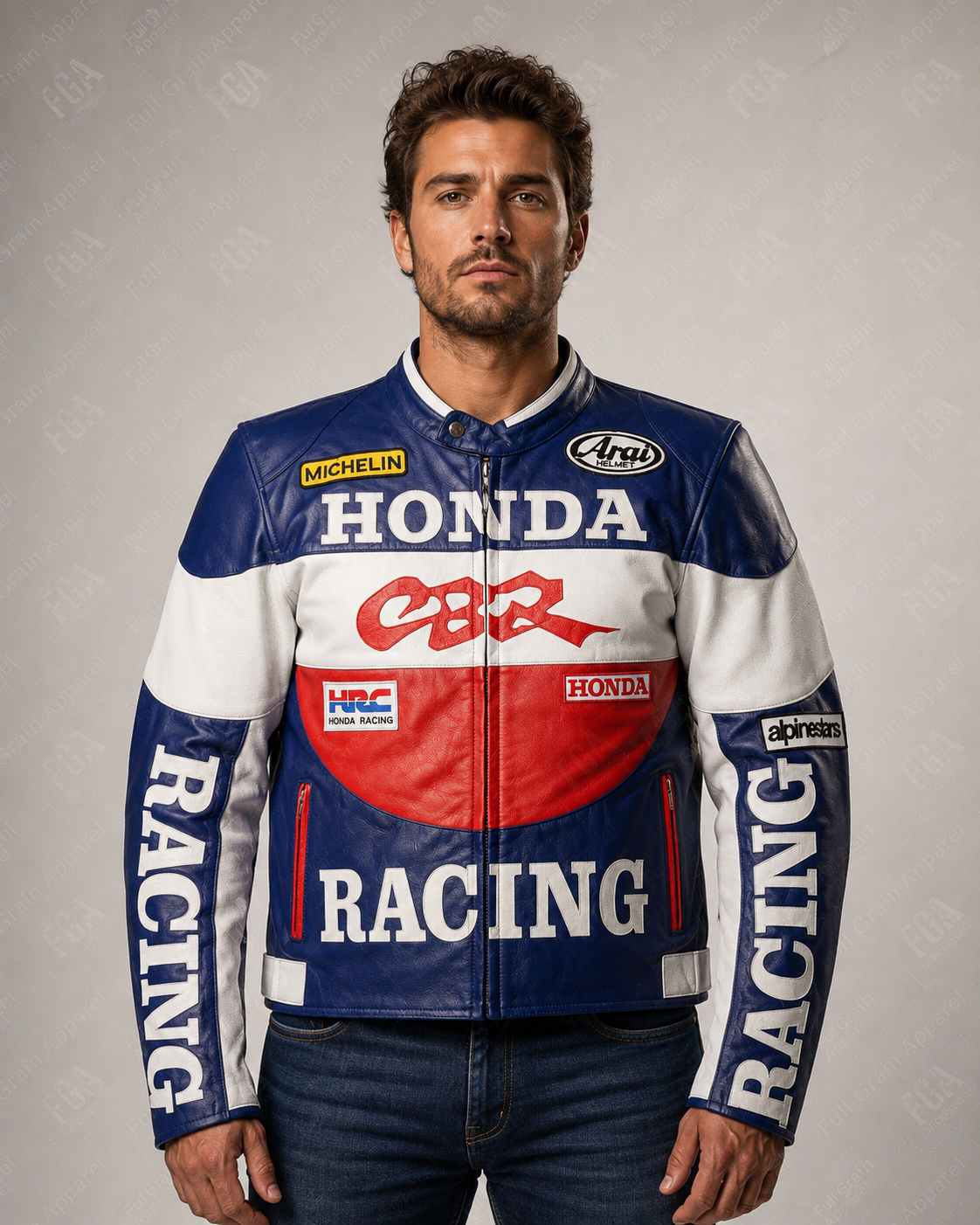 Men's Honda CBR Blue White Racing Leather Jacket By Full Grain Apparel