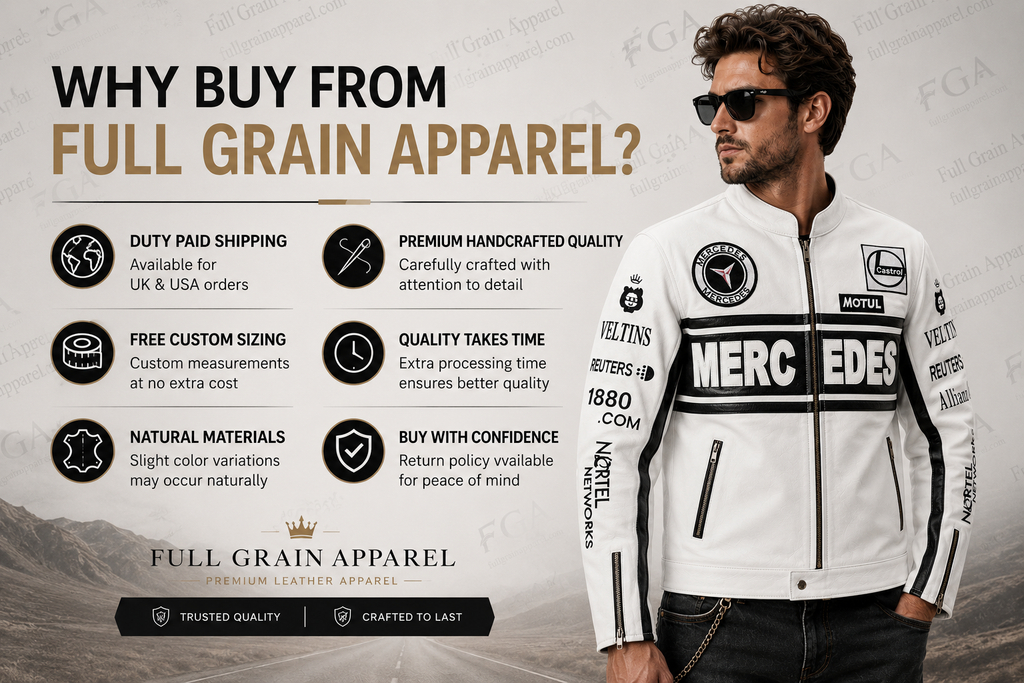 Men's Mercedes White Leather Racing Jacket By Full Grain Apparel