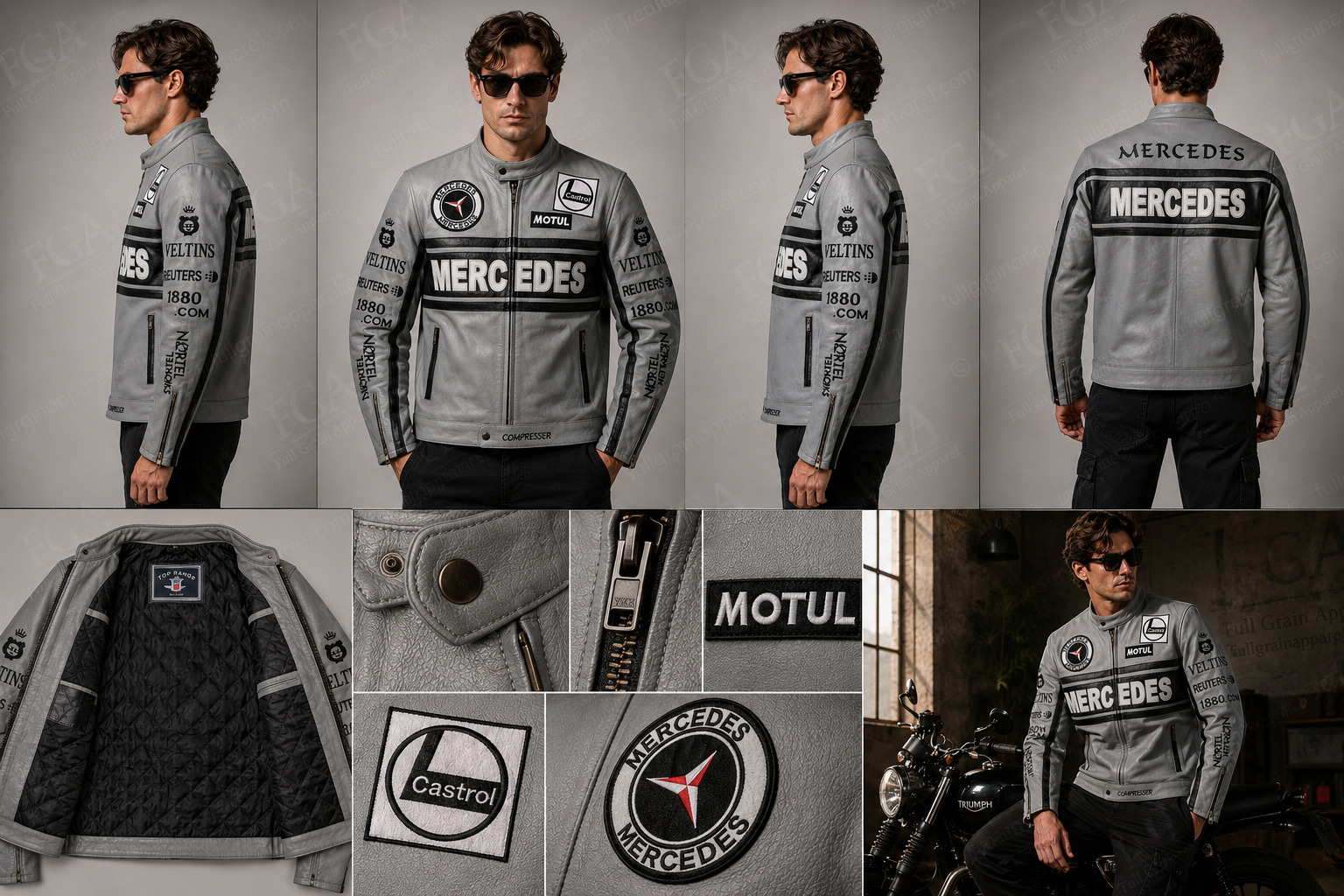 Men's Mercedes Grey Leather Racing Jacket | Full Grain Apparel