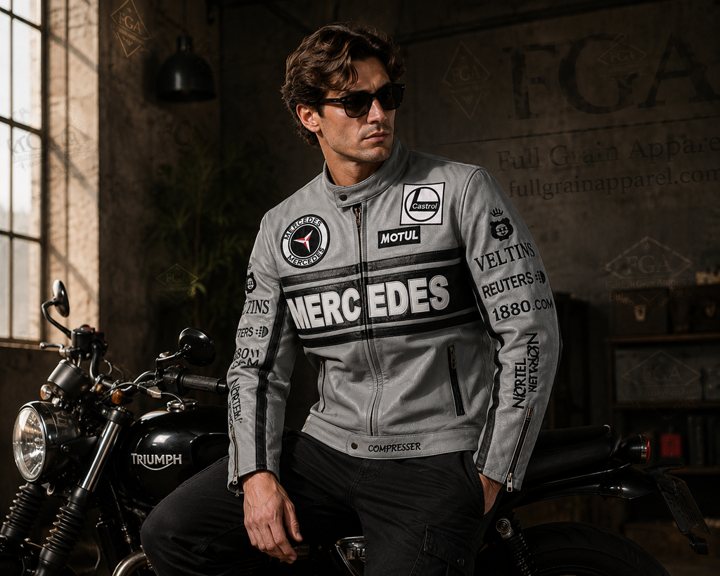 Men's Mercedes Grey Leather Racing Jacket | Full Grain Apparel