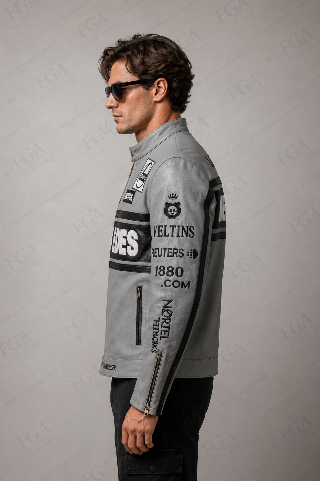 Men's Mercedes Grey Leather Racing Jacket | Full Grain Apparel