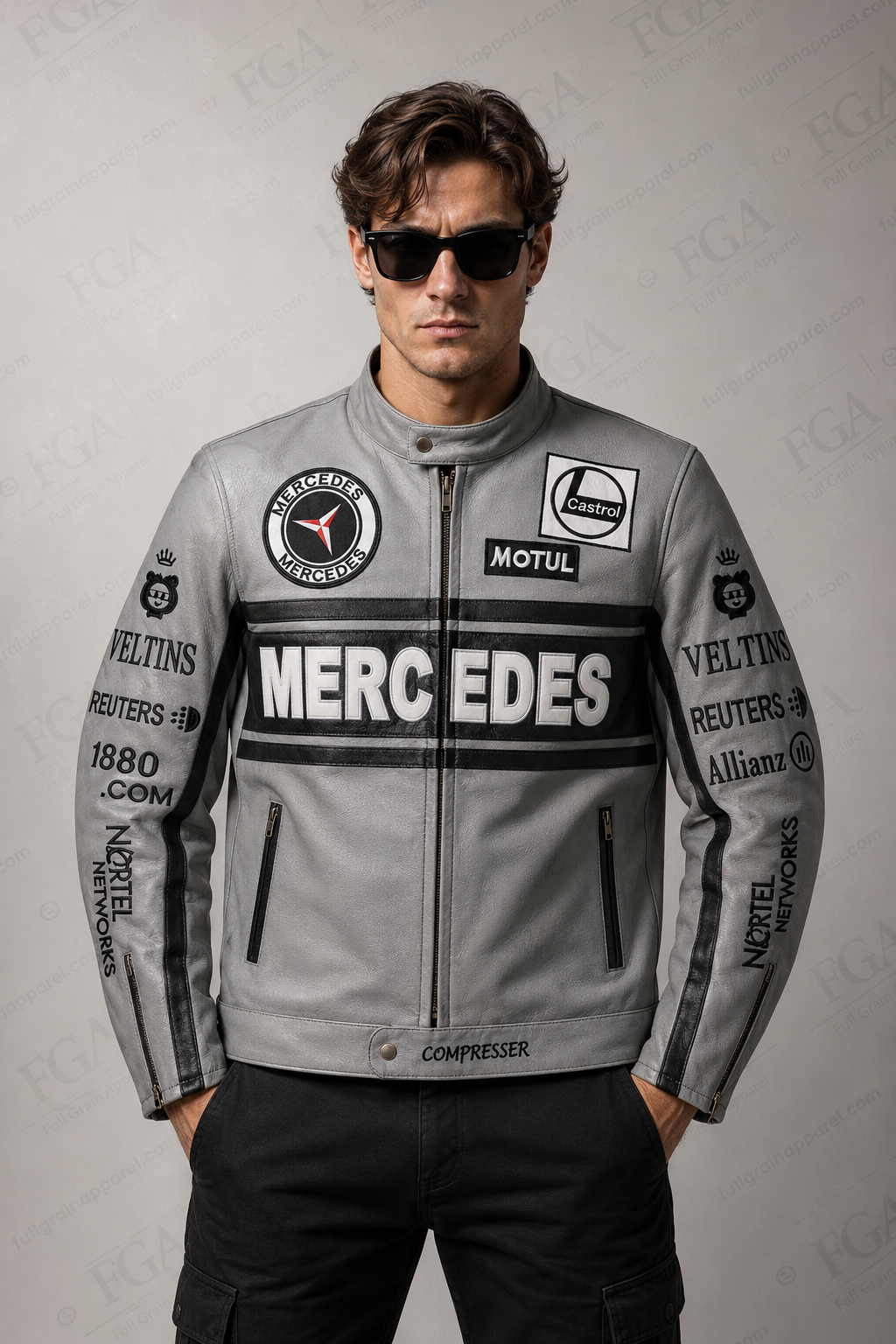 Men's Mercedes Grey Leather Racing Jacket | Full Grain Apparel