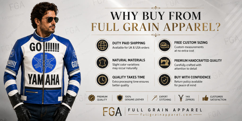 Men's Yamaha GO Blue White Racing Leather Jacket By Full Grain Apparel