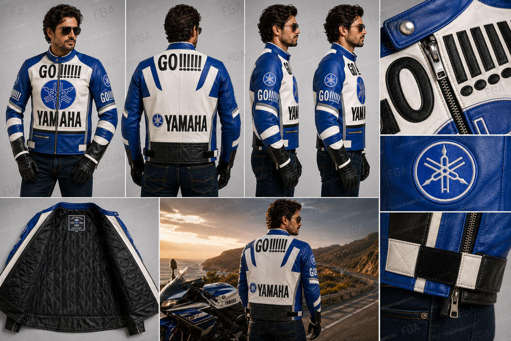 Men's Yamaha GO Blue White Racing Leather Jacket By Full Grain Apparel