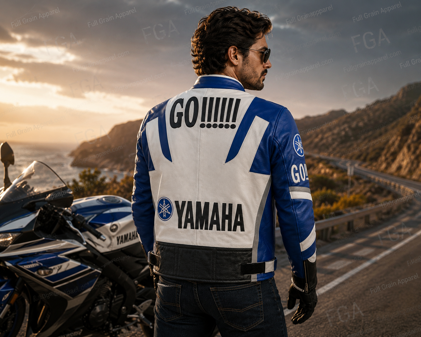 Men's Yamaha GO Blue White Racing Leather Jacket By Full Grain Apparel