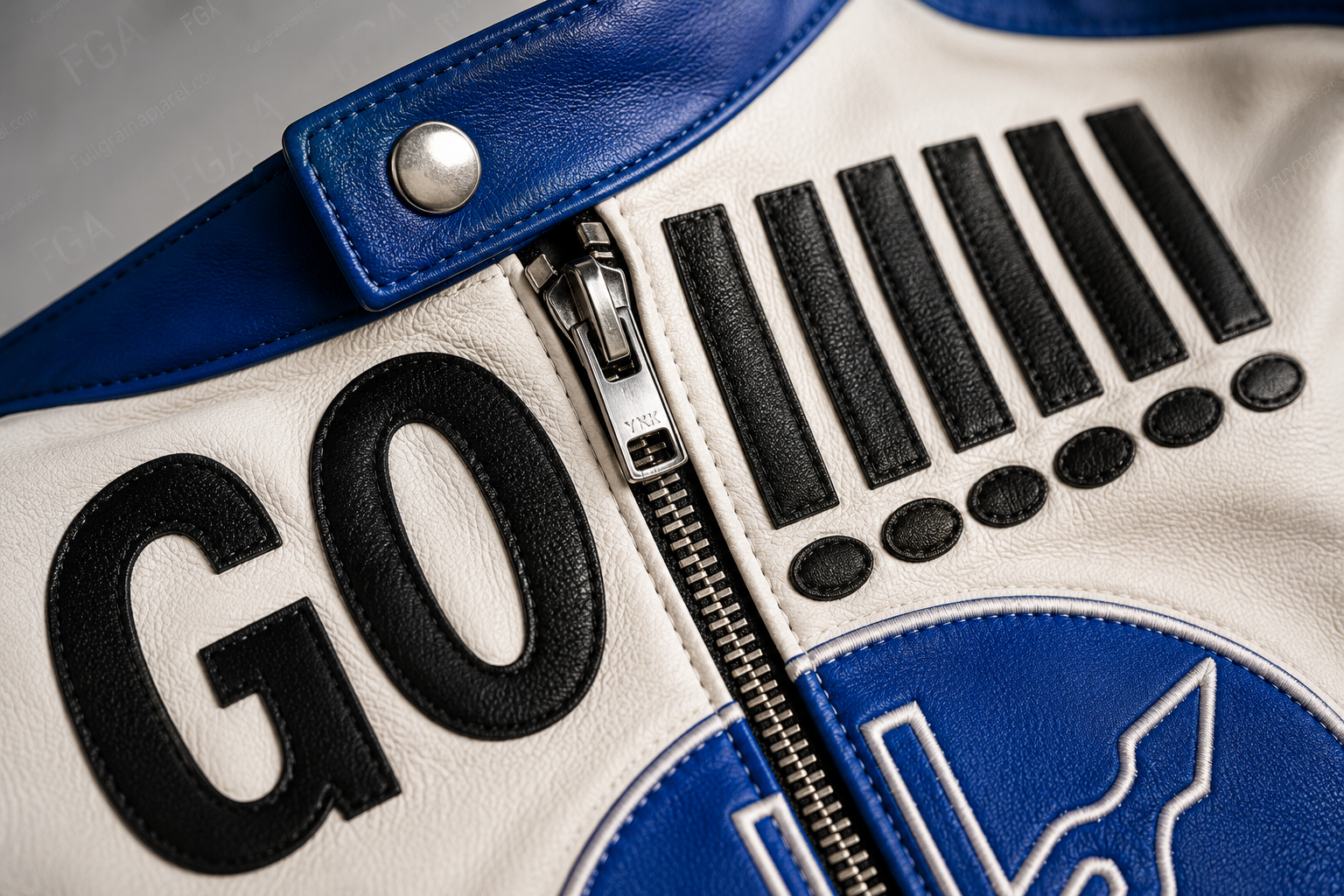 Men's Yamaha GO Blue White Racing Leather Jacket By Full Grain Apparel