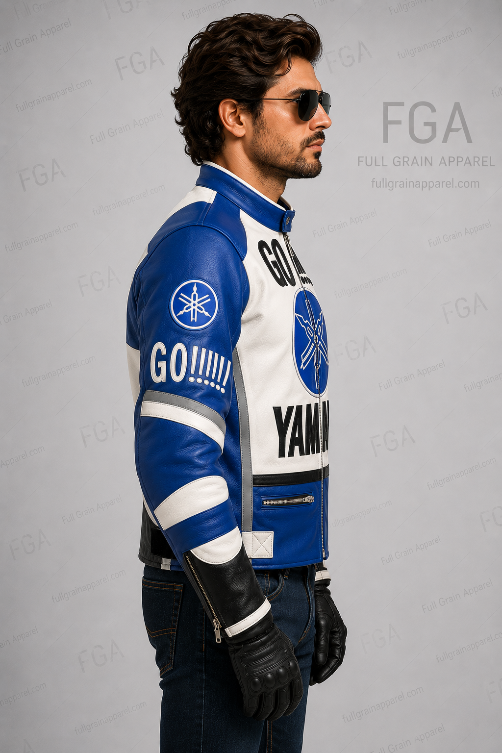 Men's Yamaha GO Blue White Racing Leather Jacket By Full Grain Apparel