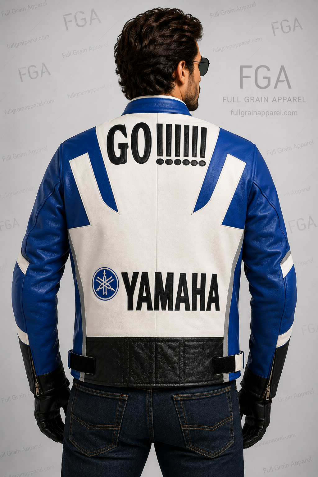 Men's Yamaha GO Blue White Racing Leather Jacket By Full Grain Apparel