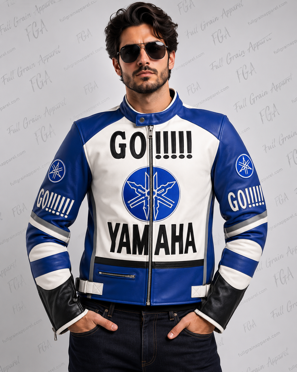 Men's Yamaha GO Blue White Racing Leather Jacket By Full Grain Apparel