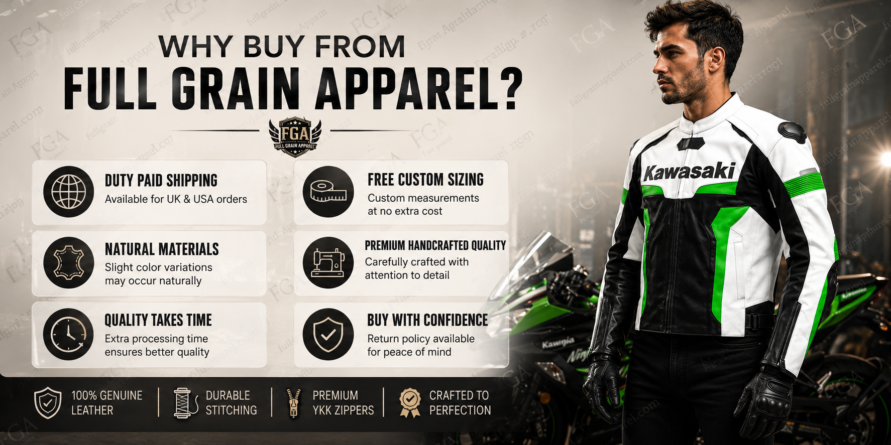 Men's Kawasaki Ninja Green White Racing Leather Jacket By FGA