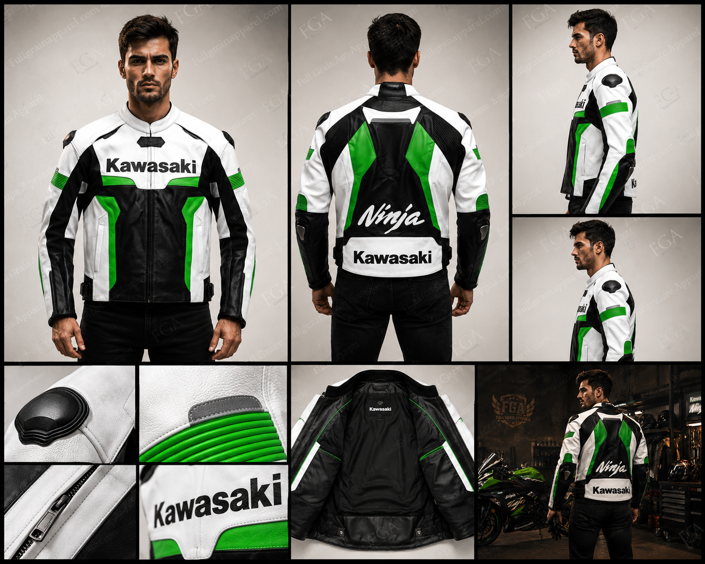 Men's Kawasaki Ninja Green White Racing Leather Jacket By FGA