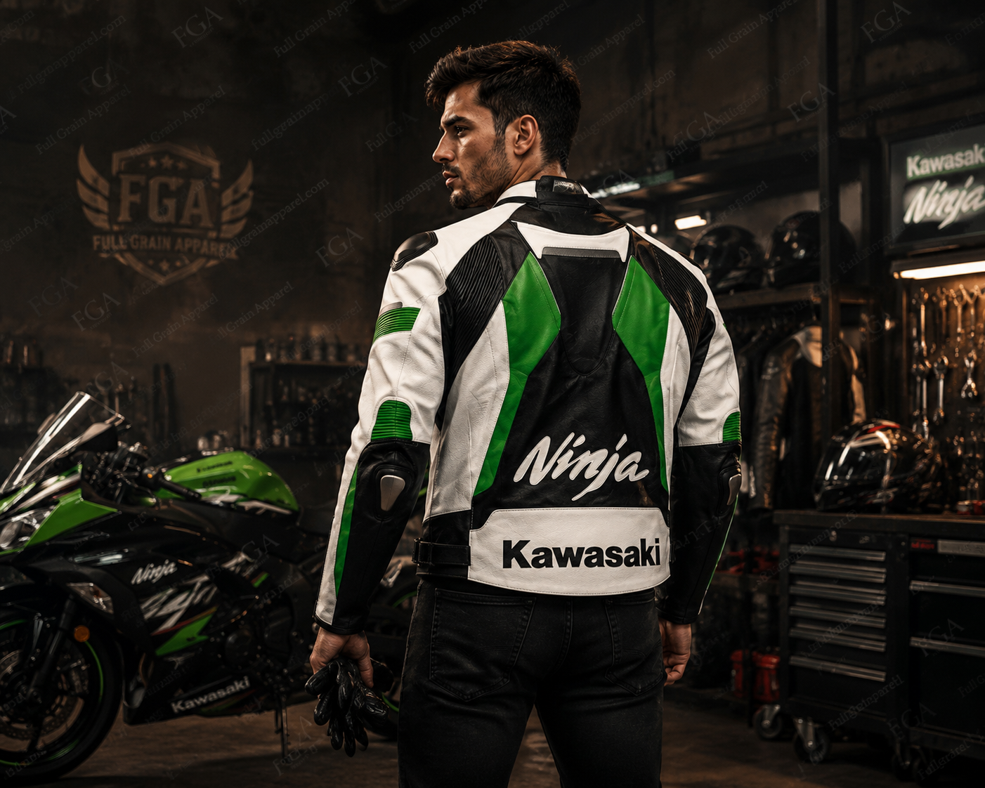 Men's Kawasaki Ninja Green White Racing Leather Jacket By FGA