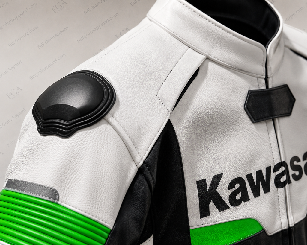 Men's Kawasaki Ninja Green White Racing Leather Jacket By FGA