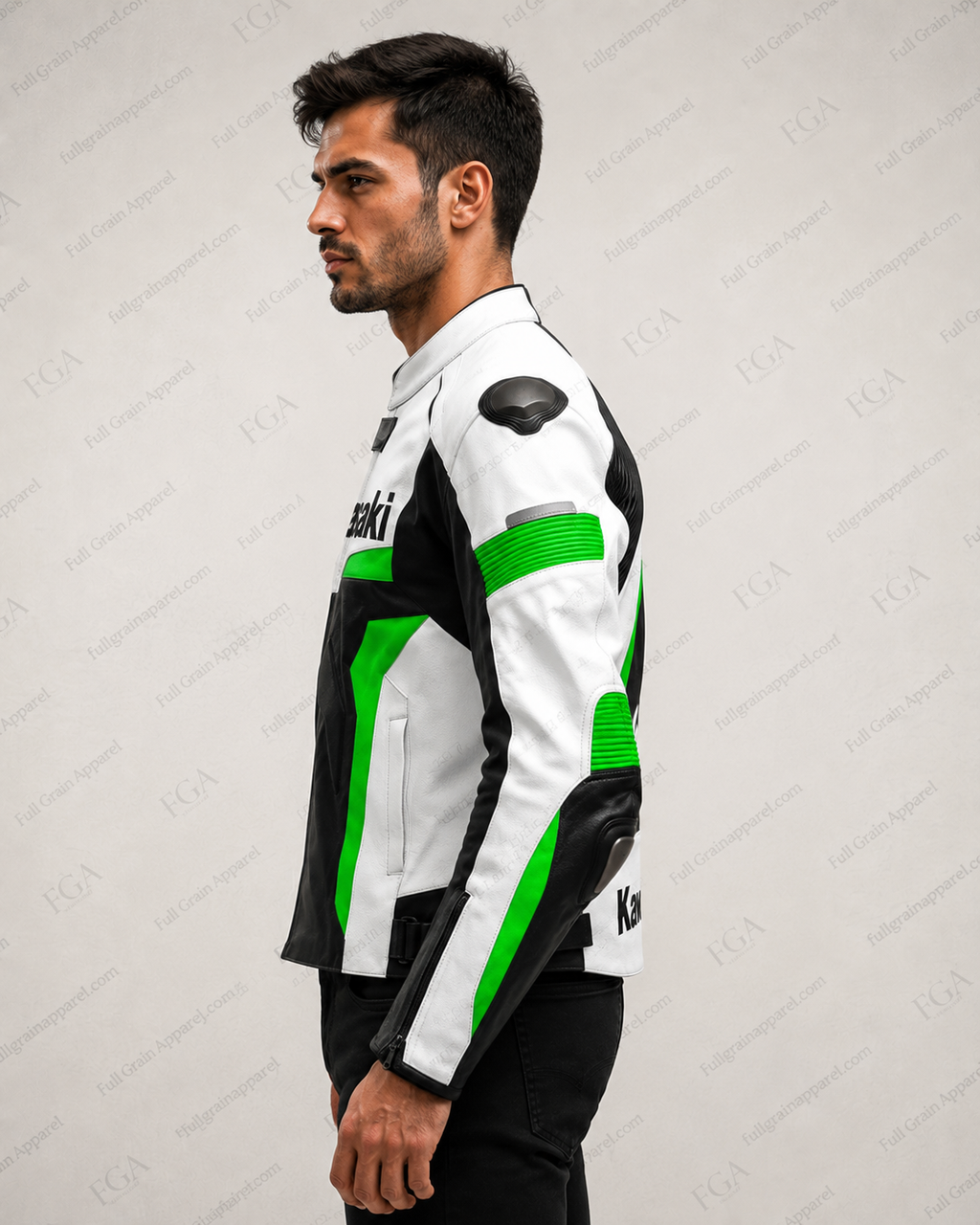 Men's Kawasaki Ninja Green White Racing Leather Jacket By FGA
