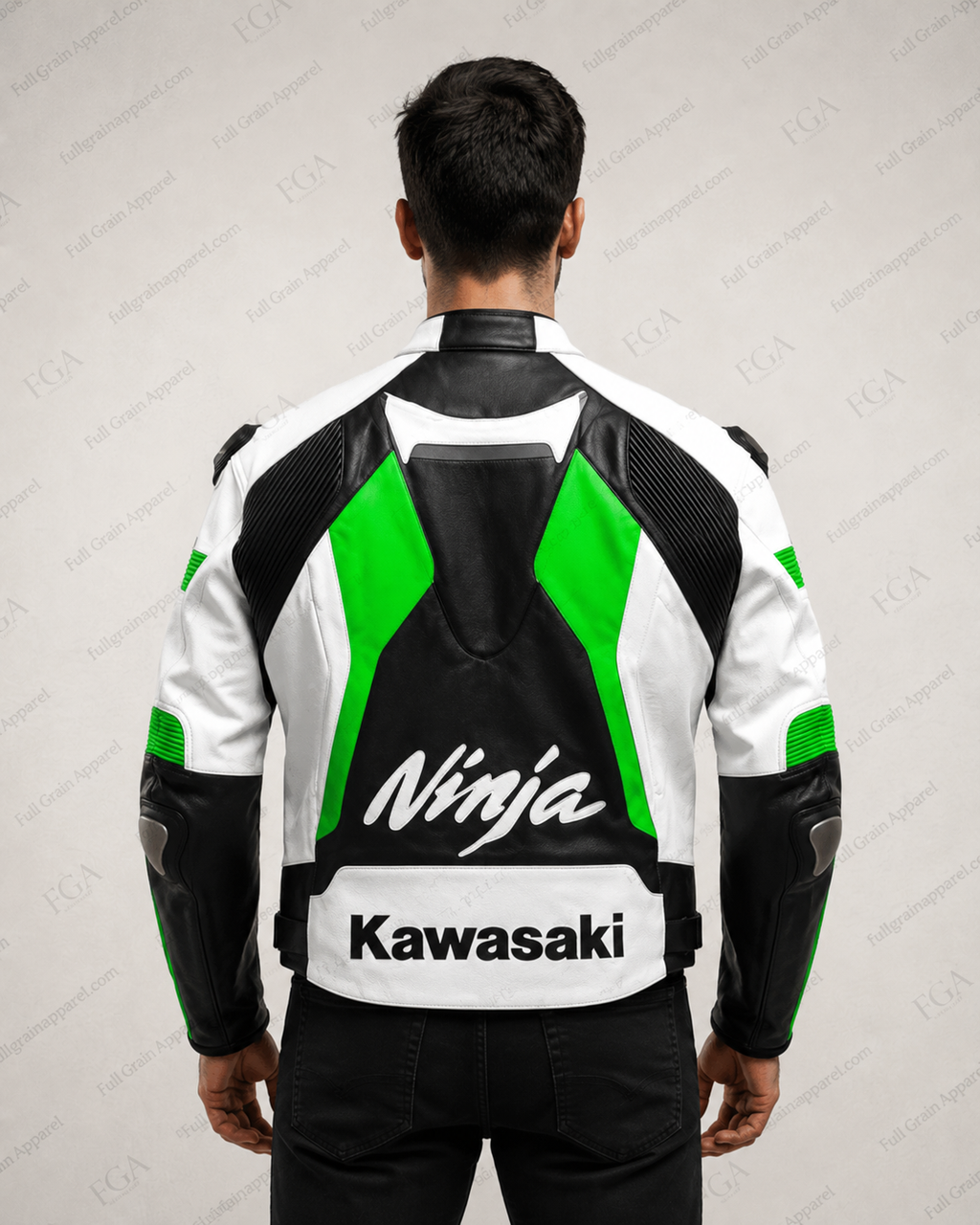 Men's Kawasaki Ninja Green White Racing Leather Jacket By FGA