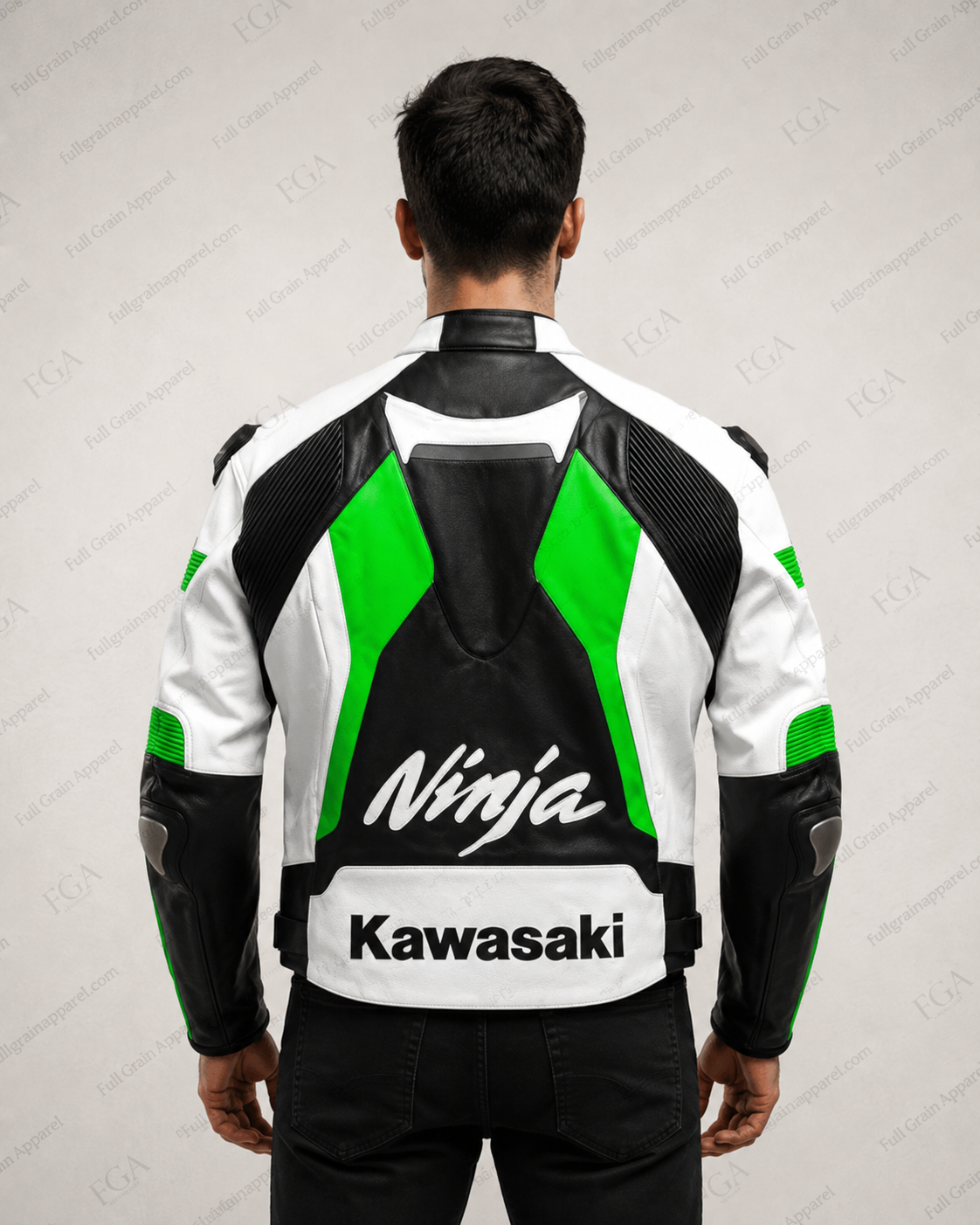Men's Kawasaki Ninja Green White Racing Leather Jacket By FGA