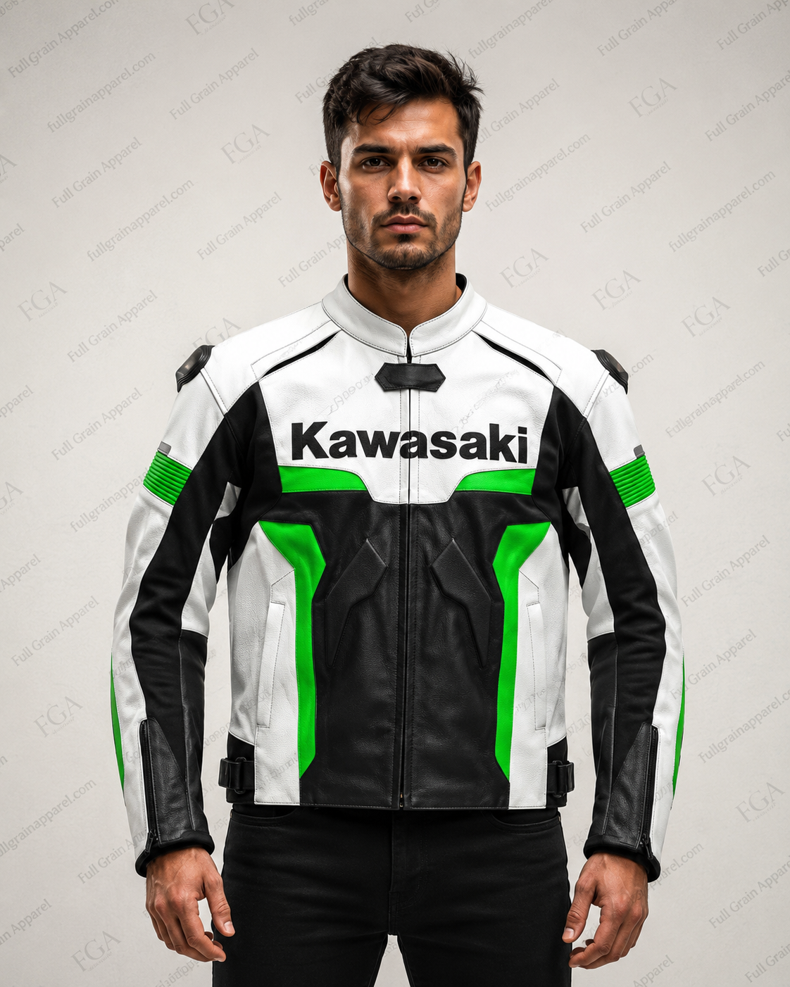 Men's Kawasaki Ninja Green White Racing Leather Jacket By FGA
