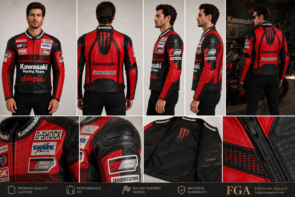 Men's Kawasaki Ninja Red Black Racing Leather Jacket By FGA
