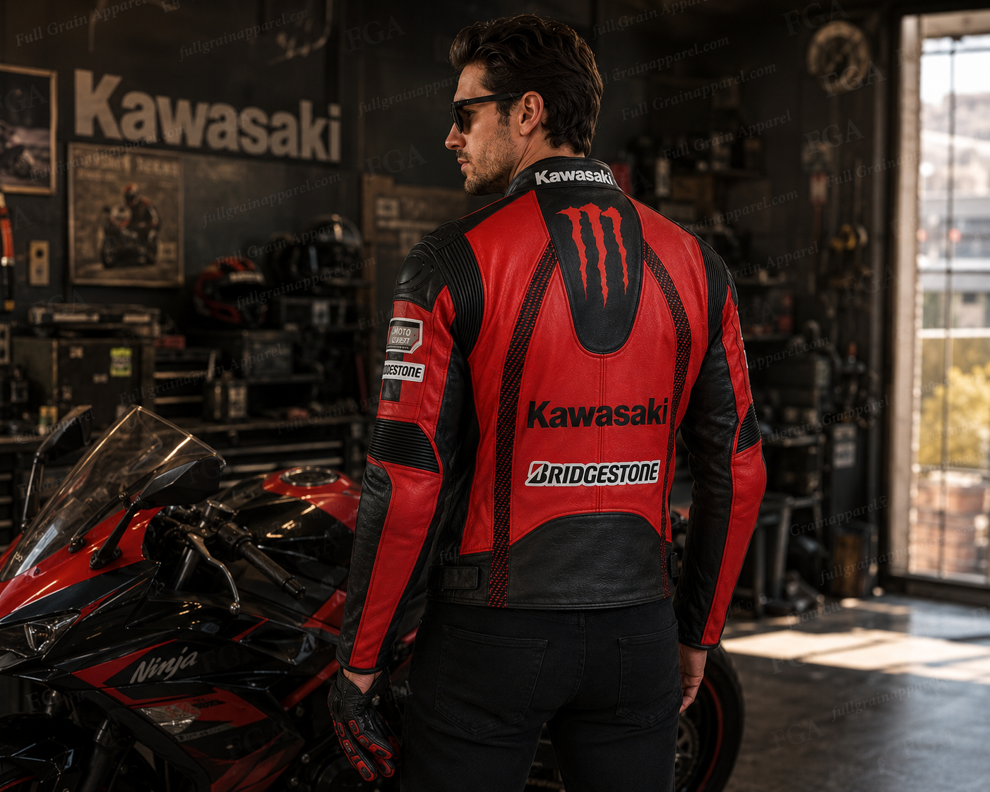 Men's Kawasaki Ninja Red Black Racing Leather Jacket By FGA