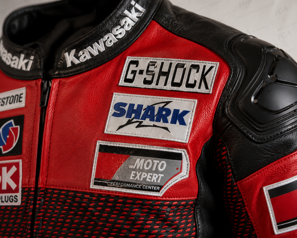 Men's Kawasaki Ninja Red Black Racing Leather Jacket By FGA