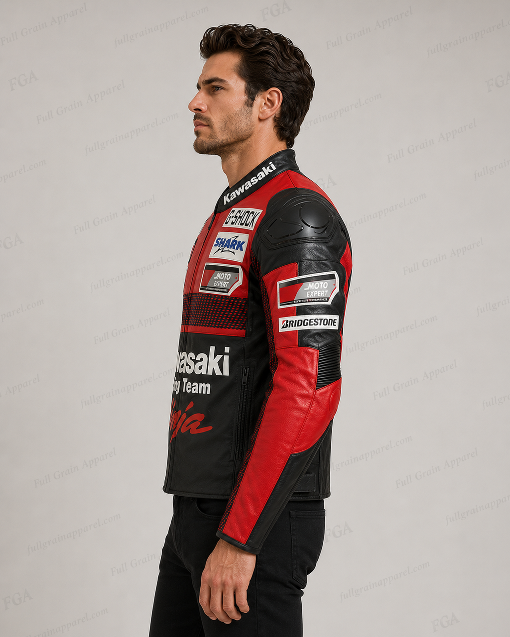 Men's Kawasaki Ninja Red Black Racing Leather Jacket By FGA