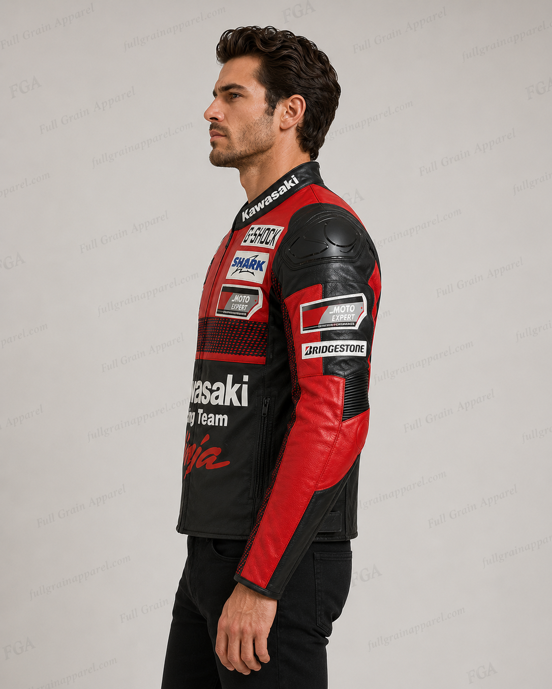 Men's Kawasaki Ninja Red Black Racing Leather Jacket By FGA