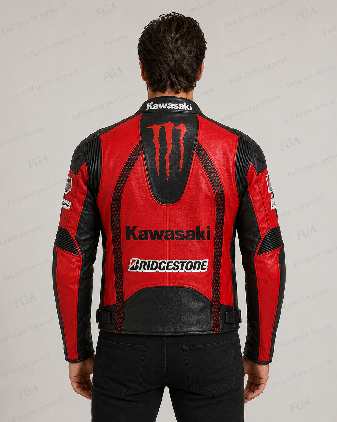 Men's Kawasaki Ninja Red Black Racing Leather Jacket By FGA