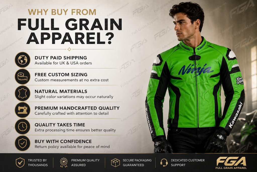 Men's Kawasaki Ninja Green Leather Racing Jacket By FGA