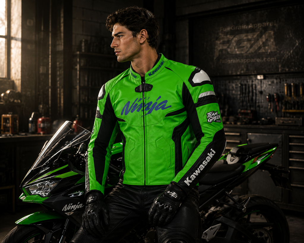 Men's Kawasaki Ninja Green Leather Racing Jacket By FGA