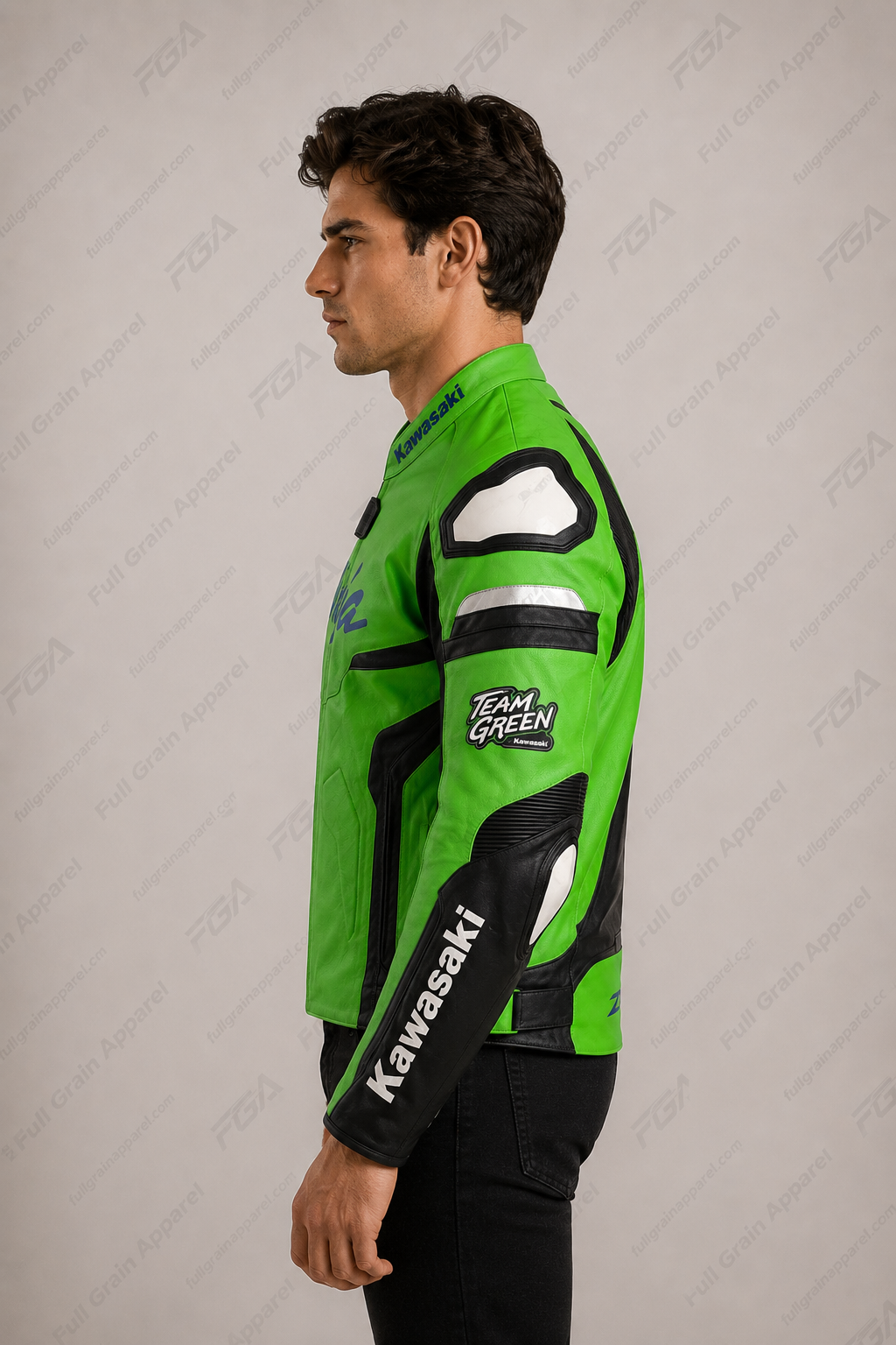 Men's Kawasaki Ninja Green Leather Racing Jacket By FGA