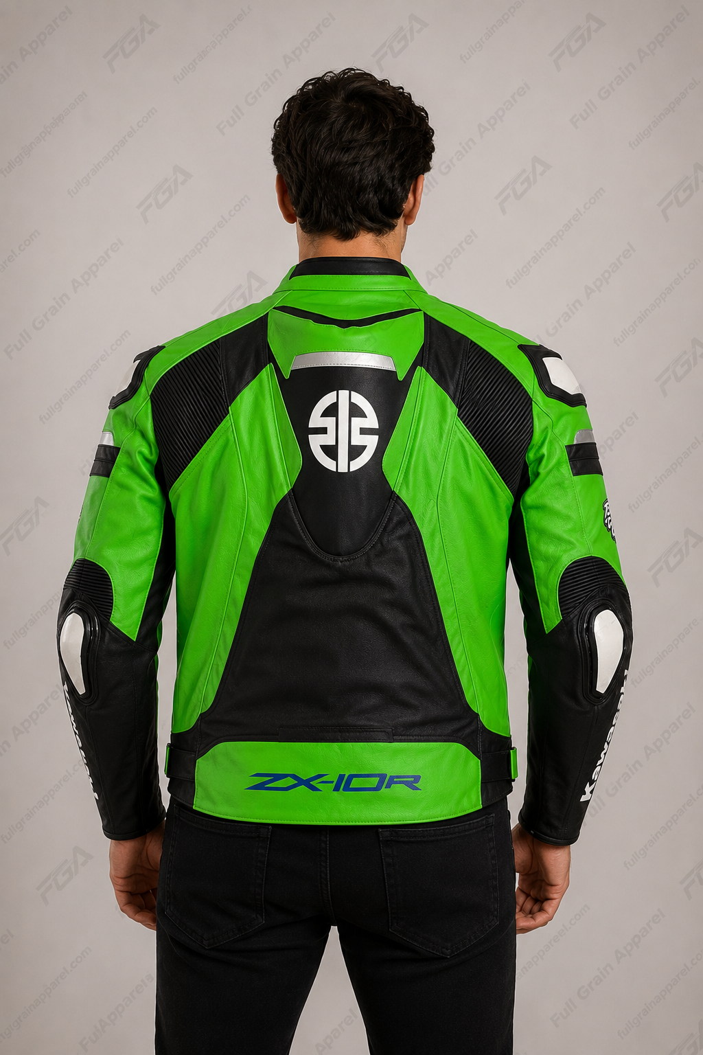Men's Kawasaki Ninja Green Leather Racing Jacket By FGA