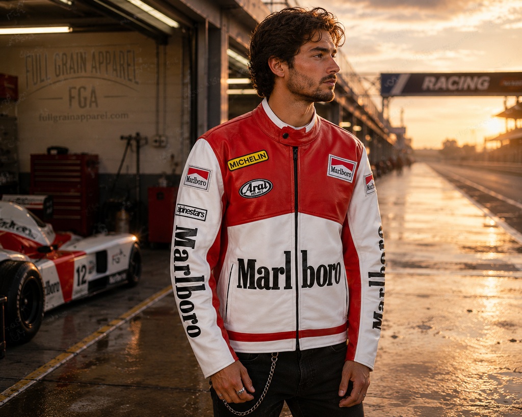 Men's Marlboro Racing Red White Leather Jacket By Full Grain Apparel
