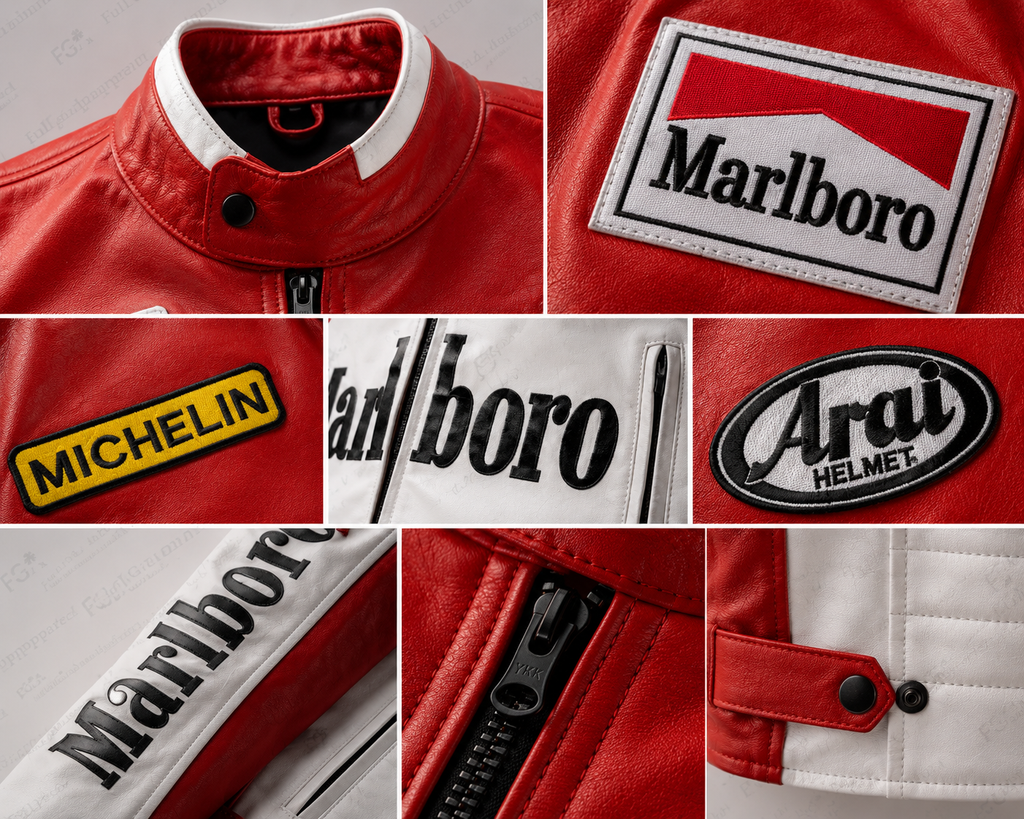 Men's Marlboro Racing Red White Leather Jacket By Full Grain Apparel