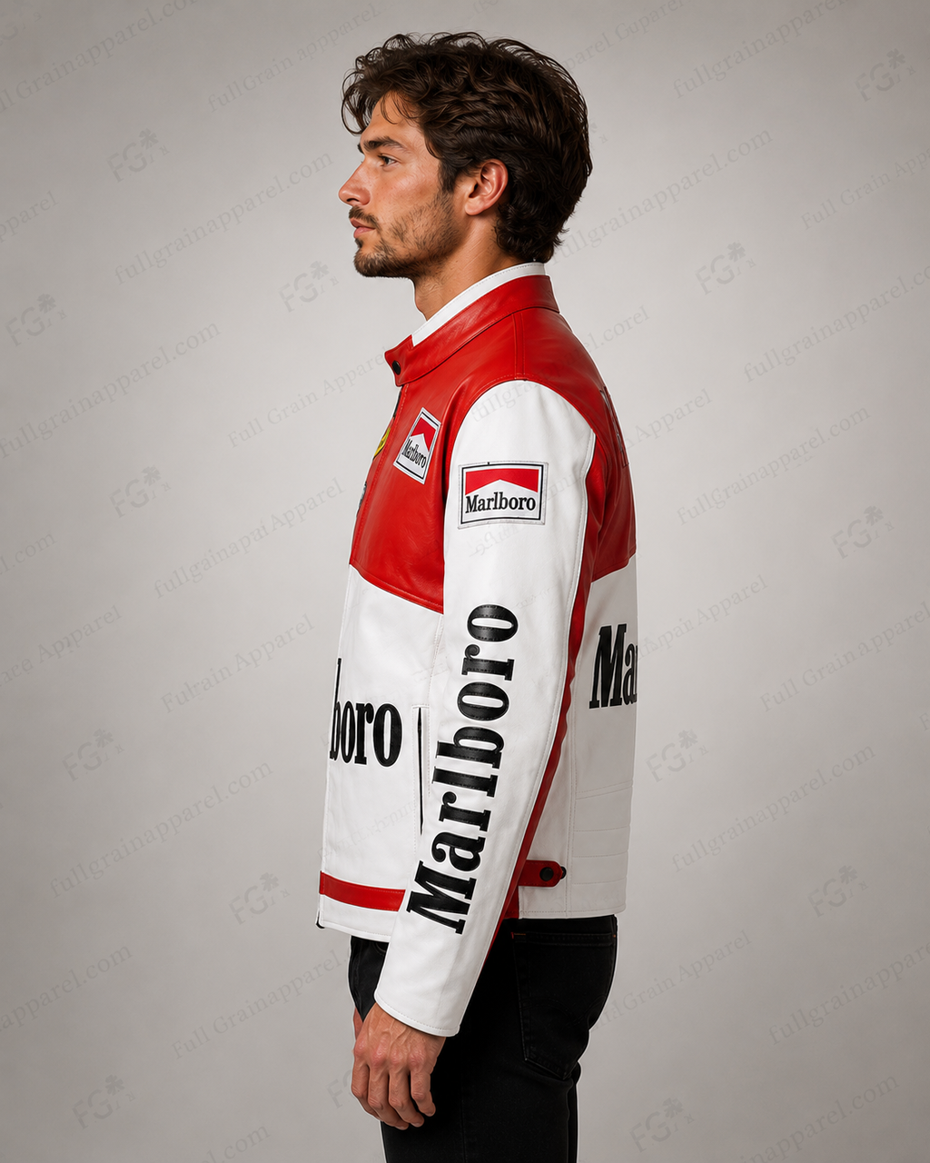 Men's Marlboro Racing Red White Leather Jacket By Full Grain Apparel