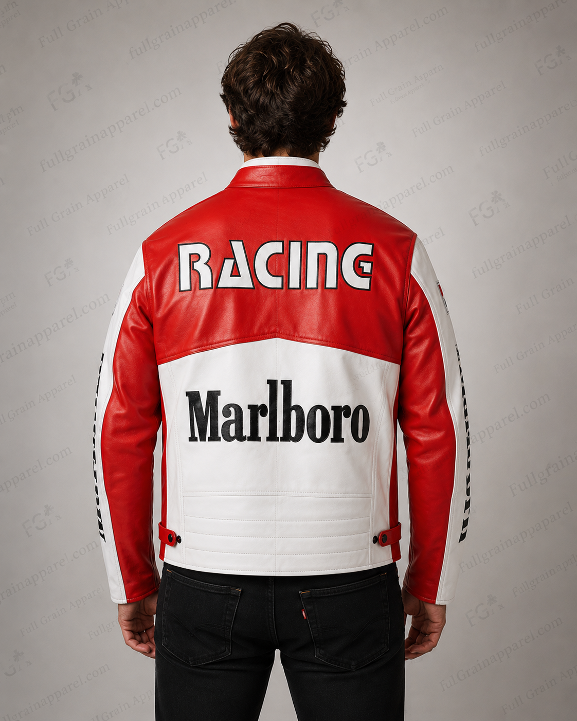 Men's Marlboro Racing Red White Leather Jacket By Full Grain Apparel