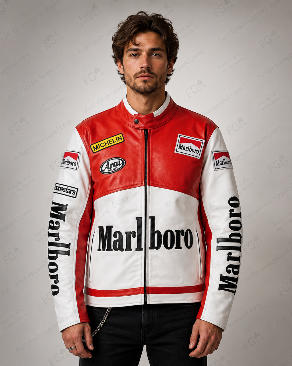 Men's Marlboro Racing Red White Leather Jacket By Full Grain Apparel