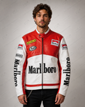 Men's Marlboro Racing Red White Leather Jacket By Full Grain Apparel