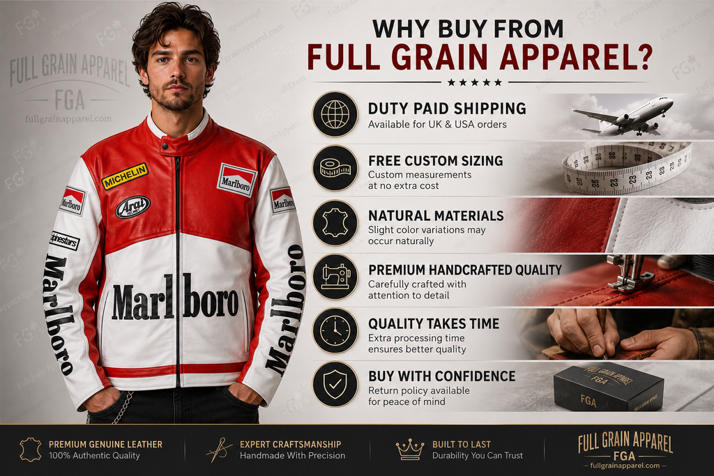 Men's Marlboro Racing Red White Leather Jacket By Full Grain Apparel