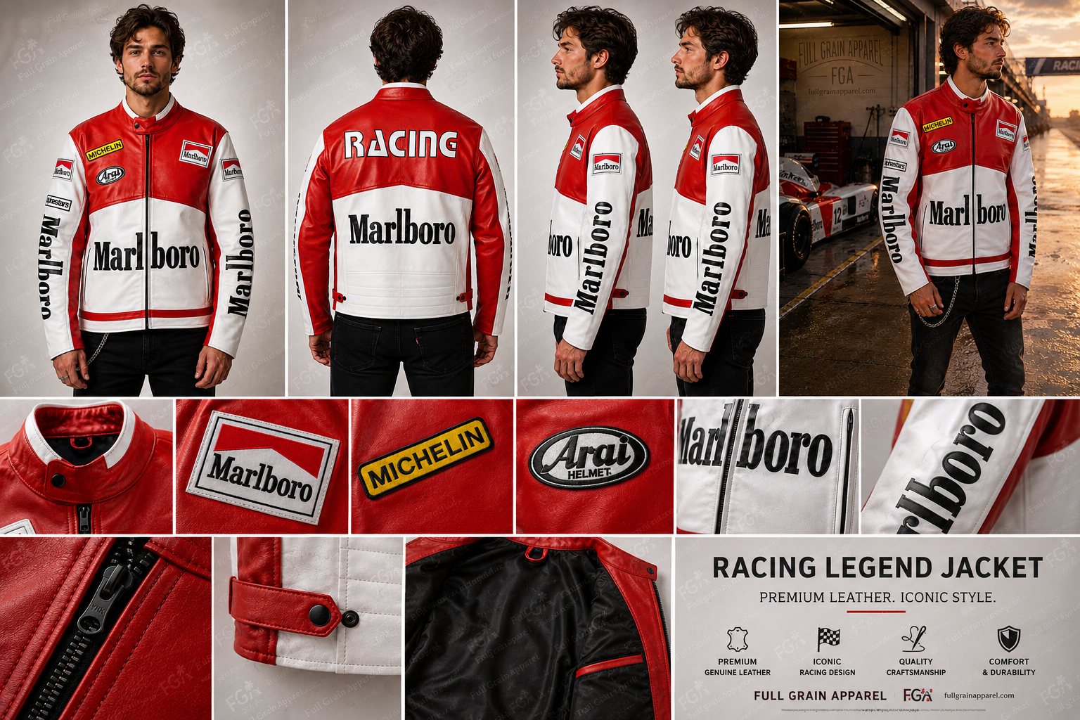 Men's Marlboro Racing Red White Leather Jacket By Full Grain Apparel