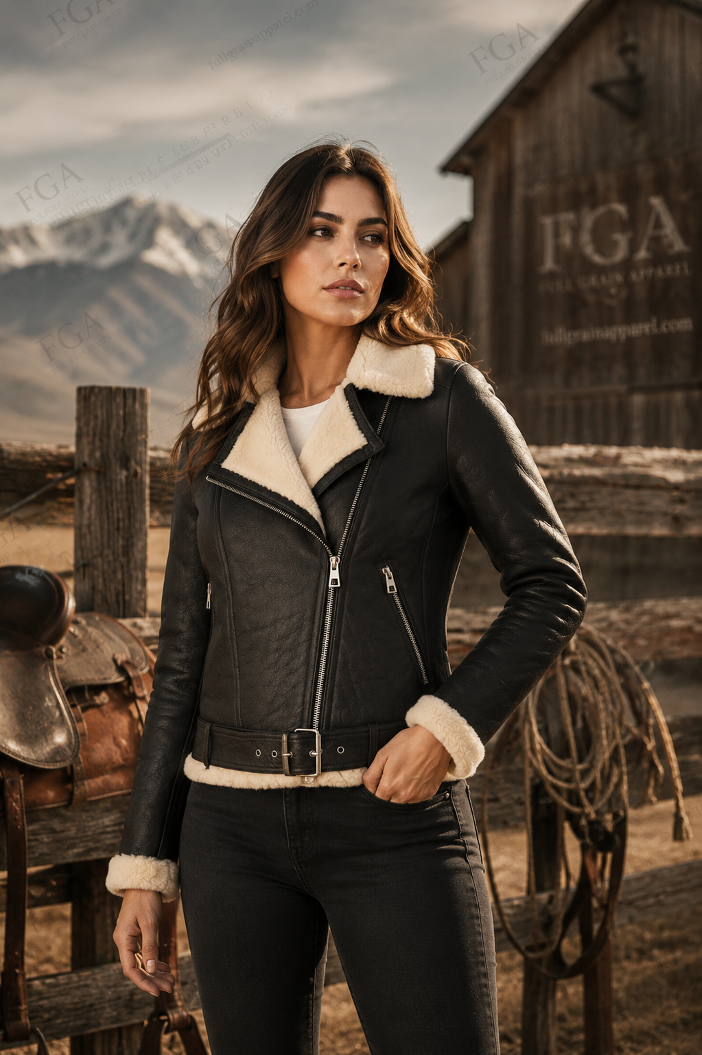 Women's Black Shearling Biker Jacket | Aviator Leather Jacket | Full Grain Apparel