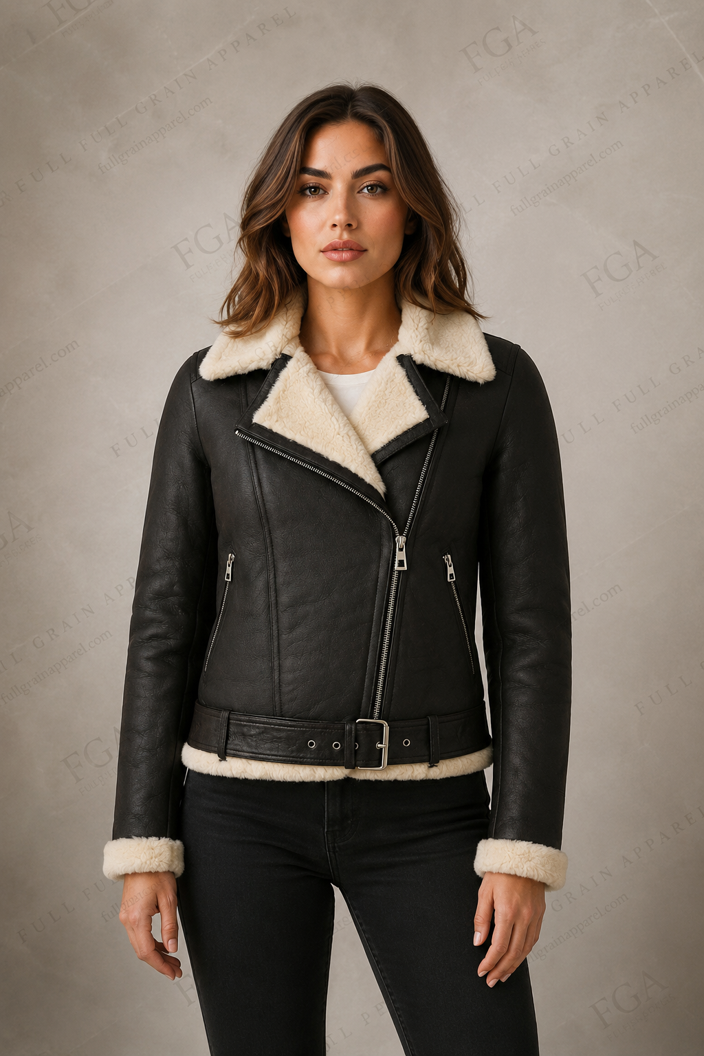 Women's Black Shearling Biker Jacket | Aviator Leather Jacket | Full Grain Apparel
