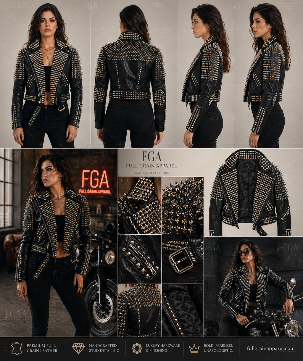 Women's Black Studded Biker Leather Jacket | Punk Moto | Full Grain Apparel